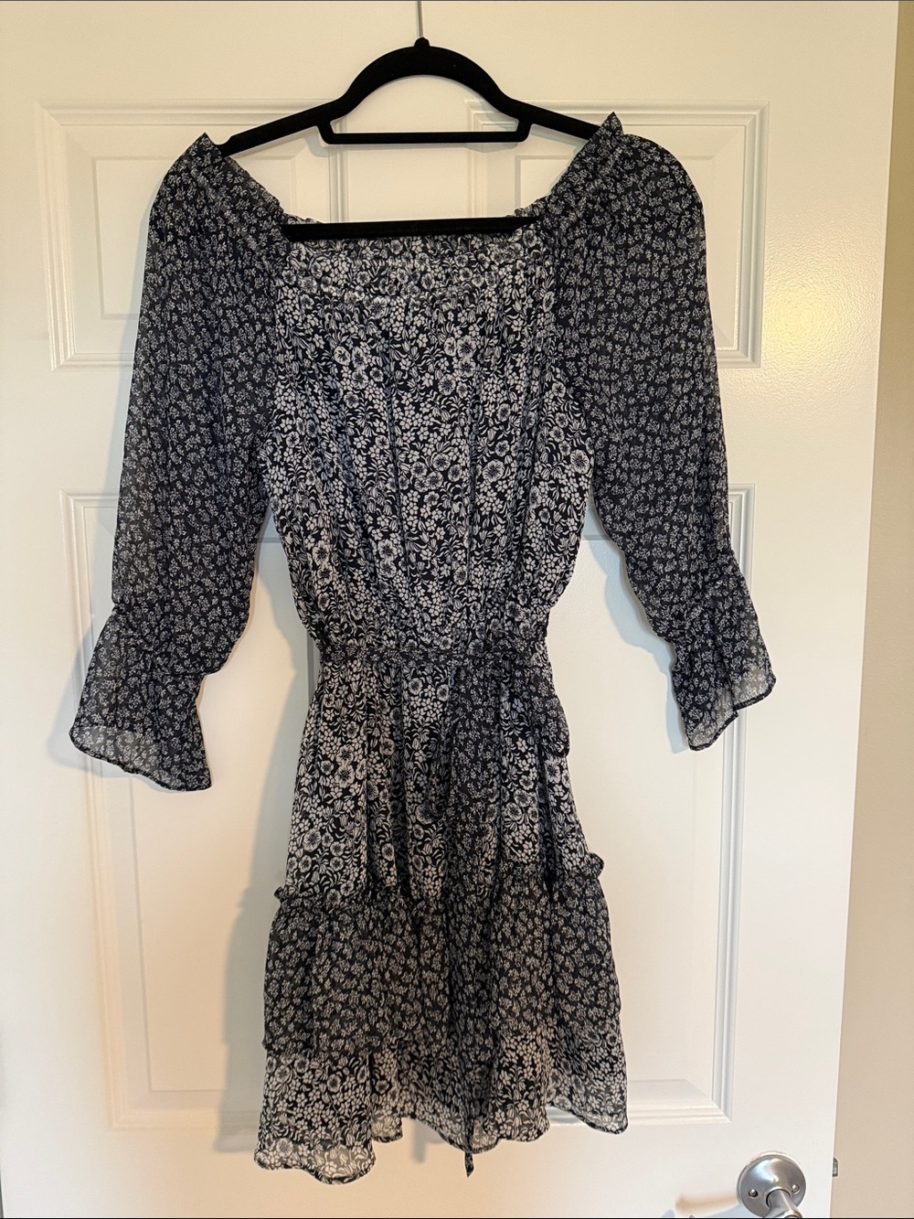 LOFT Navy Floral Square Neck Tiered Mini Dress